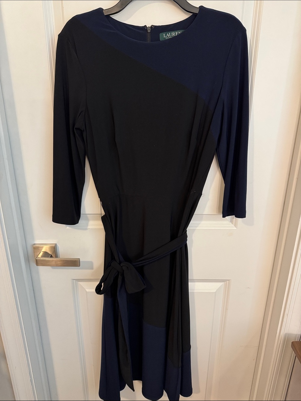 Lauren Ralph Lauren Navy and Black Ponte Faux-Wrap Midi Dress with Tie Waist